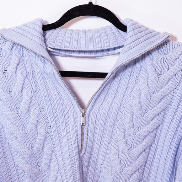 NAADAM Wool Cashmere Open Back Cable Knit Quarter Zip Pullover Sweater Blue M - Picture 2 of 5